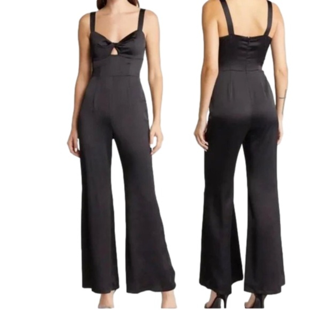 CHELSEA 28 Black Satin Polyester Keyhole Wide Leg Jumpsuit Women's Medium Goth